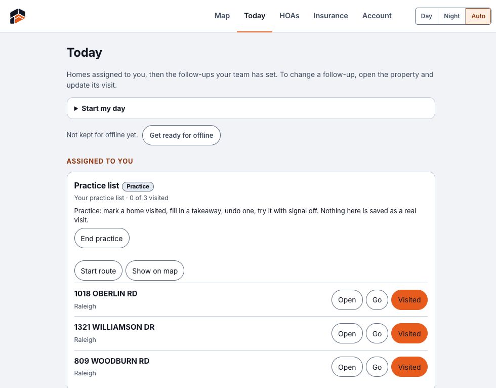 The actual ParceSaver Today screen displaying its built-in sample-home practice list, route controls, and visit buttons.